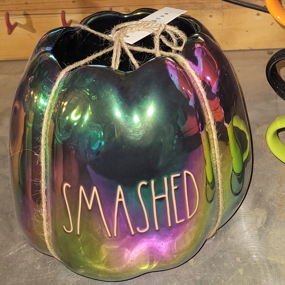 Rae Dunn "SMASHED" large silver luster pumpkin canister, NEW